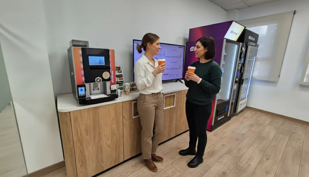 dos personas haciendo un coffee break en la oficina junto a la maquina de cafe