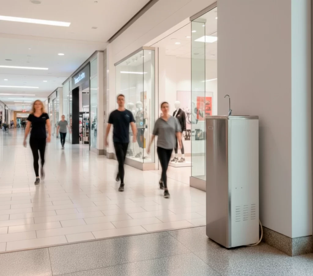 Personas caminando por el pasillo de un centro comercial con una fuente de agua a un lado